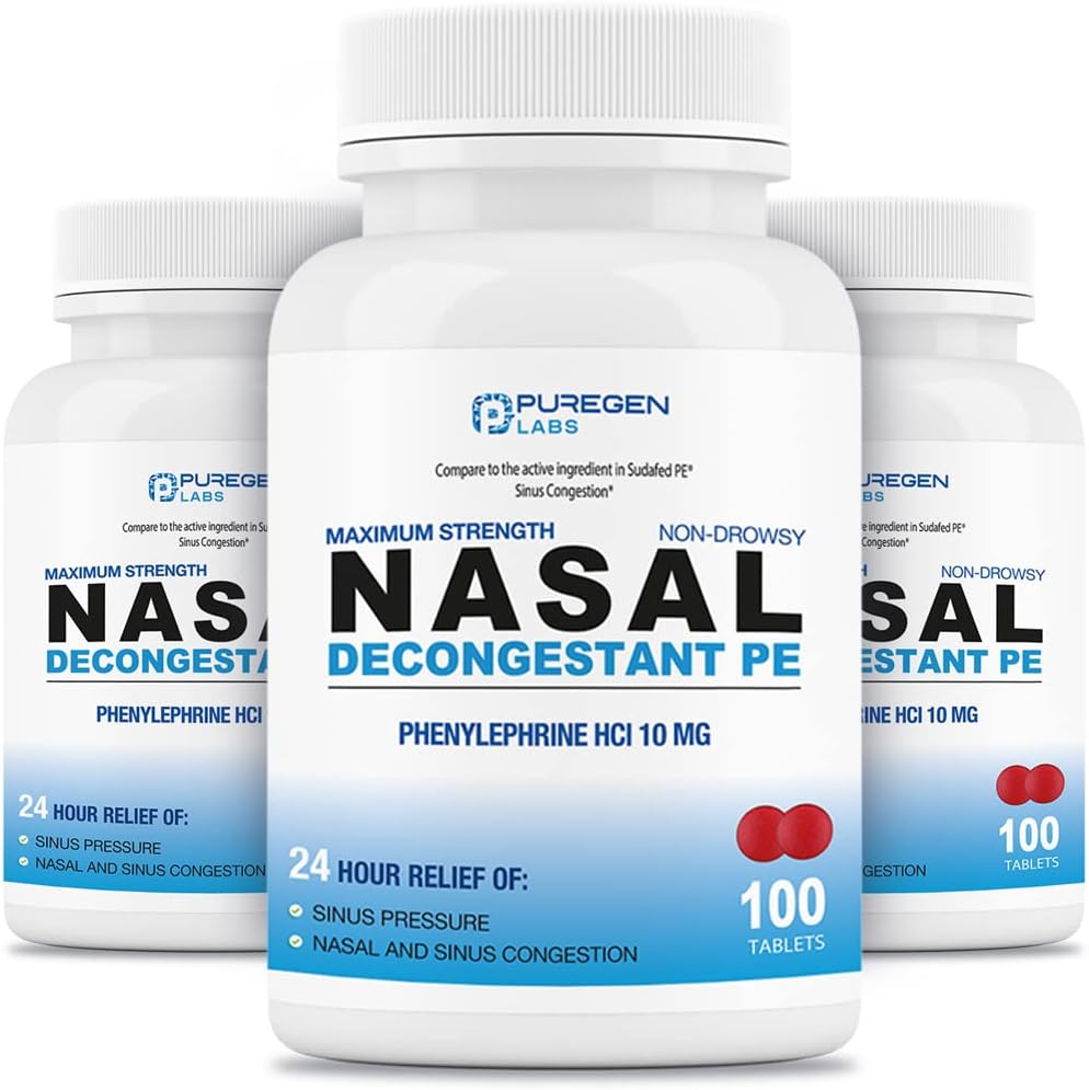 Puregen Labs Nasal Decongestant PE 3 Pack - 300 tabletter Totalt | Phenylephrine HCI 10 mg | Maksimum styrke | Ikke Drowsy Nasal & Sinus Congestion Relief på grunn av kalde eller allergier