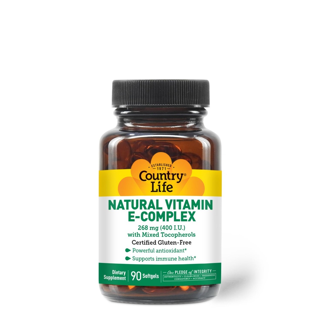 Country Life Vitamin E-Complex 400 IE – Naturlig blandet tokoferoler – Antioksidant og immunstøtte – fremmer hudhelse og bekjemper oksidativ stress – sertifisert Glutenfri – 90 Softgels