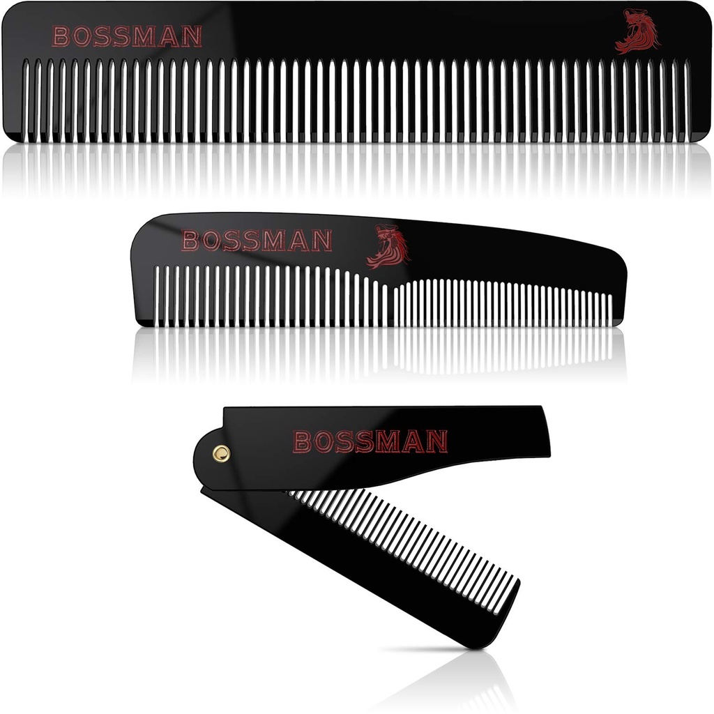 Bossman Acetate Beard, Mustache, & Hair Comb sett med 3 - Combs for menn med minimalistisk magnetisk boks (7,5-tommers, 5-tommers, 3,5-tommers) - Funksjoner avrundet tenner, dobbeltsidige tenner og sammenleggbar design