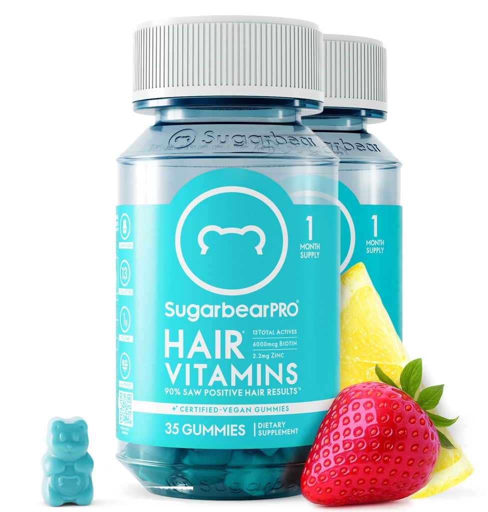 Sugarbear Hår Vitamin Gummy 2 måneders forsyning ekstra styrke Biotin 6000mcg, vekst for menn og kvinner, Vegansk Vitamin B12, MSM, Inositol, Omega 3, Elderbær, sertifisert Kosher, Halal, Cruelty-Free