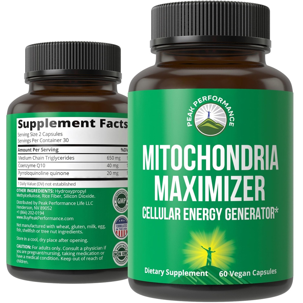 Mitochondria maximer med coQ10 og aktiv PQQ. Best Mitochondrial støtte Supplement med MCT olje. Naturlig Cellular Generator for ren, fokusert energi 60 vegetariske kapsler