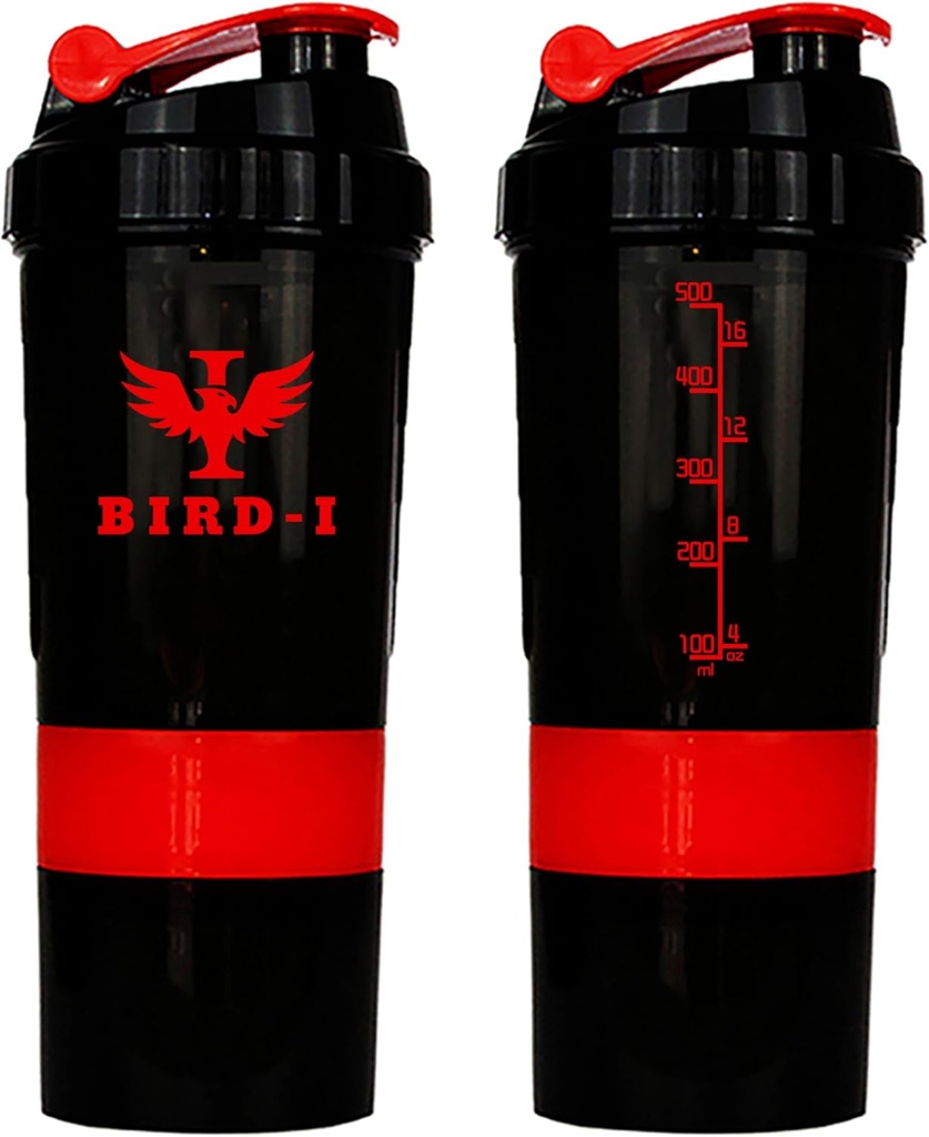 BIRD-I Gym Protein Shaker, 3-i-l, 500ml/16.9oz, BPA-fri, Metal Mixer. (RED), JT4101