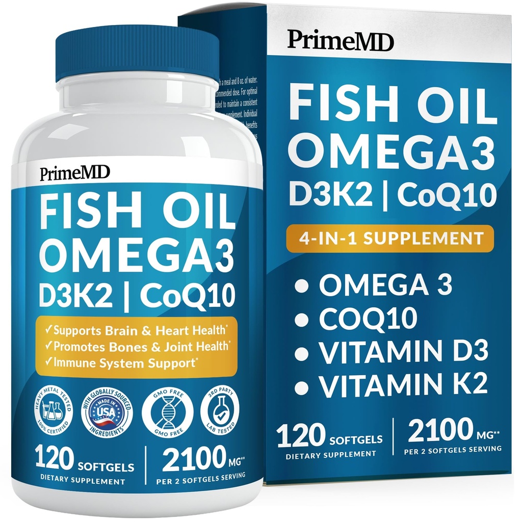 4-i-1 Fish Oil Omega 3 Fatty Supplement (2100mg) - Omega 3 Fish Oil med vitaminer D3 K2 og CoQ10 - Lemon Flavored (120 softgels)