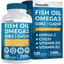 4-i-1 Fish Oil Omega 3 Fatty Supplement (2100mg) - Omega 3 Fish Oil med vitaminer D3 K2 og CoQ10 - Lemon Flavored (120 softgels)