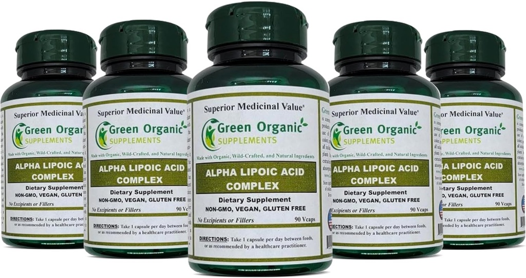 Grønne organiske kosttilskudd Alpha Lipoic Acid Complex, ALA, 90 VCaps Alpha Lipoic Acid Capsules (pakke på 5)