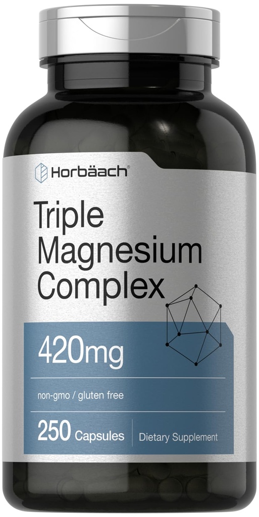 Horbäach Triple Magnesium Complex | 420 mg | 250 kapsler | Ikke-GMO og Glutenfri formel | Magnesiumoksid, Citrat og Aspartate Diett Supplement