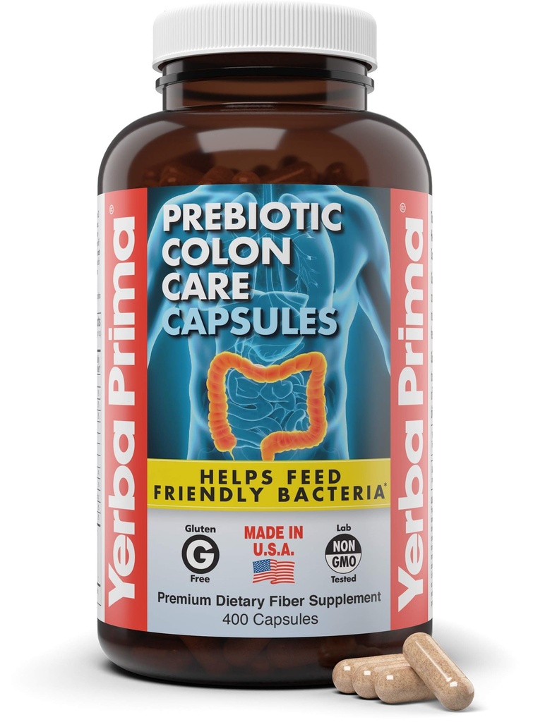 Yerba Prima Prebiotic Colon Care Kapsler, 400 Caps - Fem former for Fiber Plus FOS Pre-biotika - Dietary Helse Supplement - Sunn Oppløselig og uoppløselig Fibers for regelmessighet og digestiv støtte