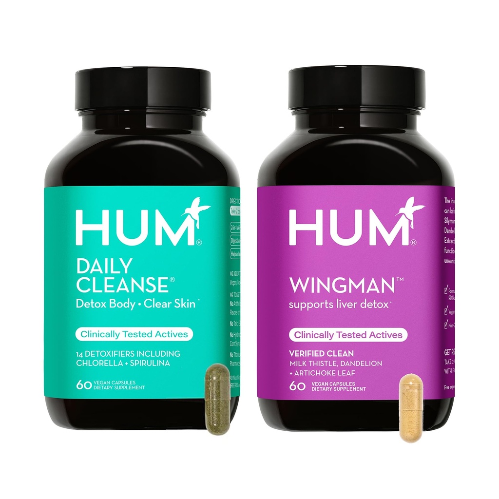 HUM Full hud og lever helse Supplement fra ernæring, Wingman og daglig rensing En grønn Detox & Melk Thistle for hudpleie støtte og lever helse, 2 Pack Bundle, 60 Vegan Kapsler