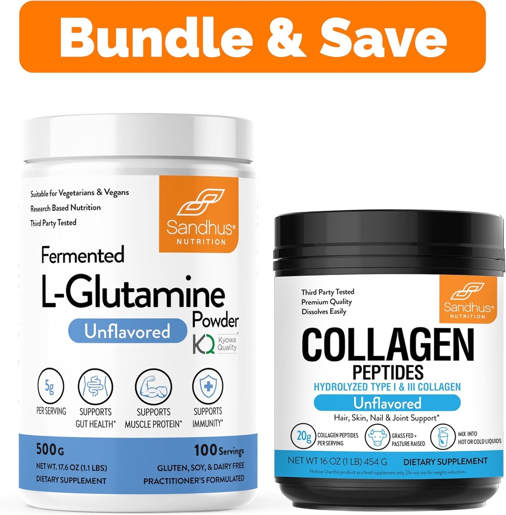 Sandhus L-Glutamine pulver 100 serveringer, 500g, 17.6 Oz., stor størrelse, 3 måneders forsyning og collagen Peptidas pulver | støtter muskel, Gut helse, ungdomslig hud, hår, negler og mobilitet