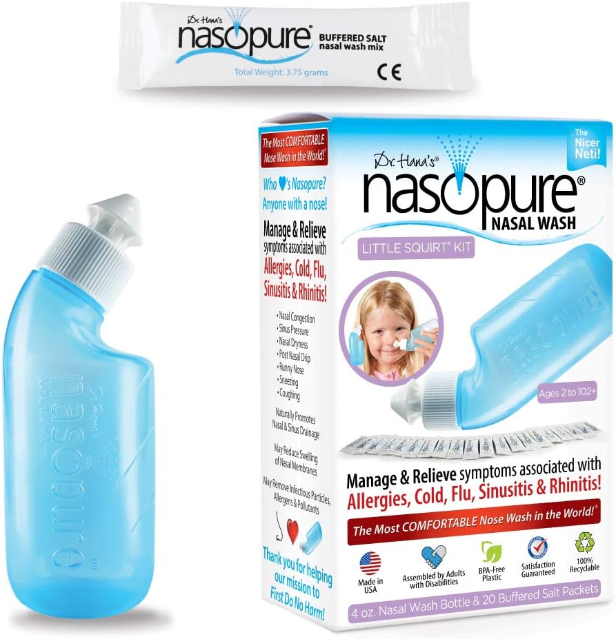 Nasopure Nasal Vaske, Lille Squirt Kit, \"The Nicer Neti Pot\" Sinus Vaskesett, Komfortabel Nasal rens 4 Oz Flaske og 20 Salt Packets (3,75 Gr Hver), Nasal Congestion, Kald, Allergi, Nasal Irrigation
