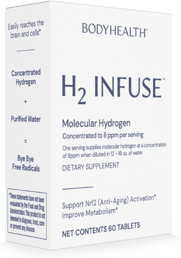 BodyHealth H2 Infuse Molekylære Hydrogentabletter, Tabletter for å drikke vann, Elementalt Magnesium for å støtte metabolisme med molekylær hydrogenvann - 60 tabletter