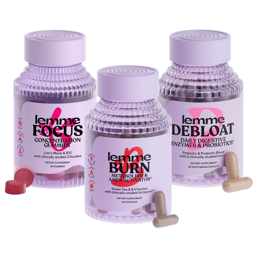 Lemme Burn, Debloat og Focus Bundle Metabolisme & Fettforbrenning + Bloating & Gas Relief Kapsler + Fokus & Hjerne Helse Gummies | Glutenfri, ikke-GMO | 60 Count Capsules & 50 Count Gummies