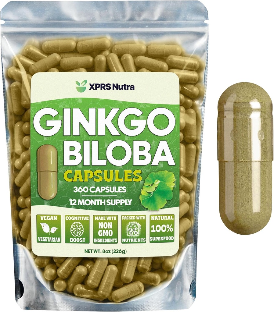 XPRS Nutra Ginkgo Biloba Kapsler - Gingko Biloba Innkapslede Kosttilskudd for Kognisjon - Vegansk Vennlig Ginkoba Biloba - Immunity Boosting Ginkgo Biloba Kapsler - 360 Count