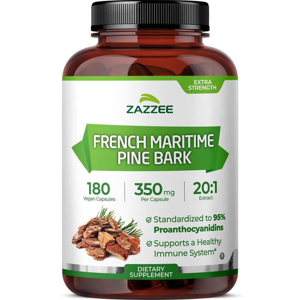 Zazzee ekstra styrke Fransk Maritime Pine Bark 20:1 Ekstrakt, 350 mg per kapsel, 180 veganske kapsler, 95% proanthocyanidins, Kosher, 6 måneders forsyning, standardisert 20X ekstrakt, ikke-GMO, laget i USA