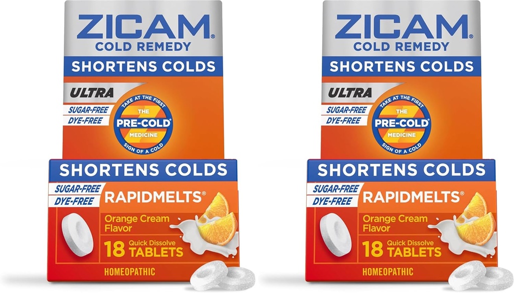Zicam Ultra Cold Remedy Sink Rapidmelts, Orange Cream Flavor, Homeopatisk, Cold Shorting Medicine, Shortens Kald Varighet, Sukkerfri, Dye-Free, 18 Count (Pack of 2)