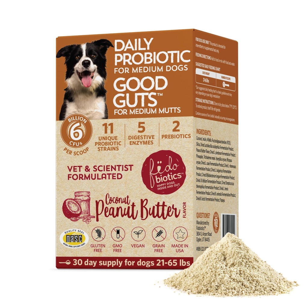 Fidobiotika Gode guts for middels Mutts Probiotiske for hunder, 6 milliarder CFUs, 11 Strains, 5 Digestive Enzymer, 2 Prebiotika, Digestive Gut Helse for hunder, voksen & Puppy Probiotika Supplements (30 dager)