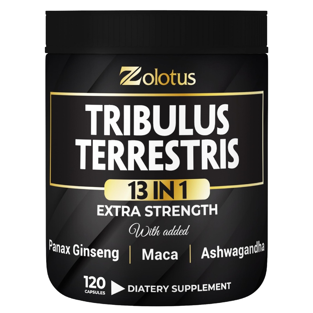 Zolotus 13in1 Tribulus Terrestris kapsler med Maca, Horny Goat Weed, Panax Ginseng, Sag Palmetto, Tongkat Ali, Shilajit & Mer - Energi, Stamina Supplement for menn og kvinner - 120 greve