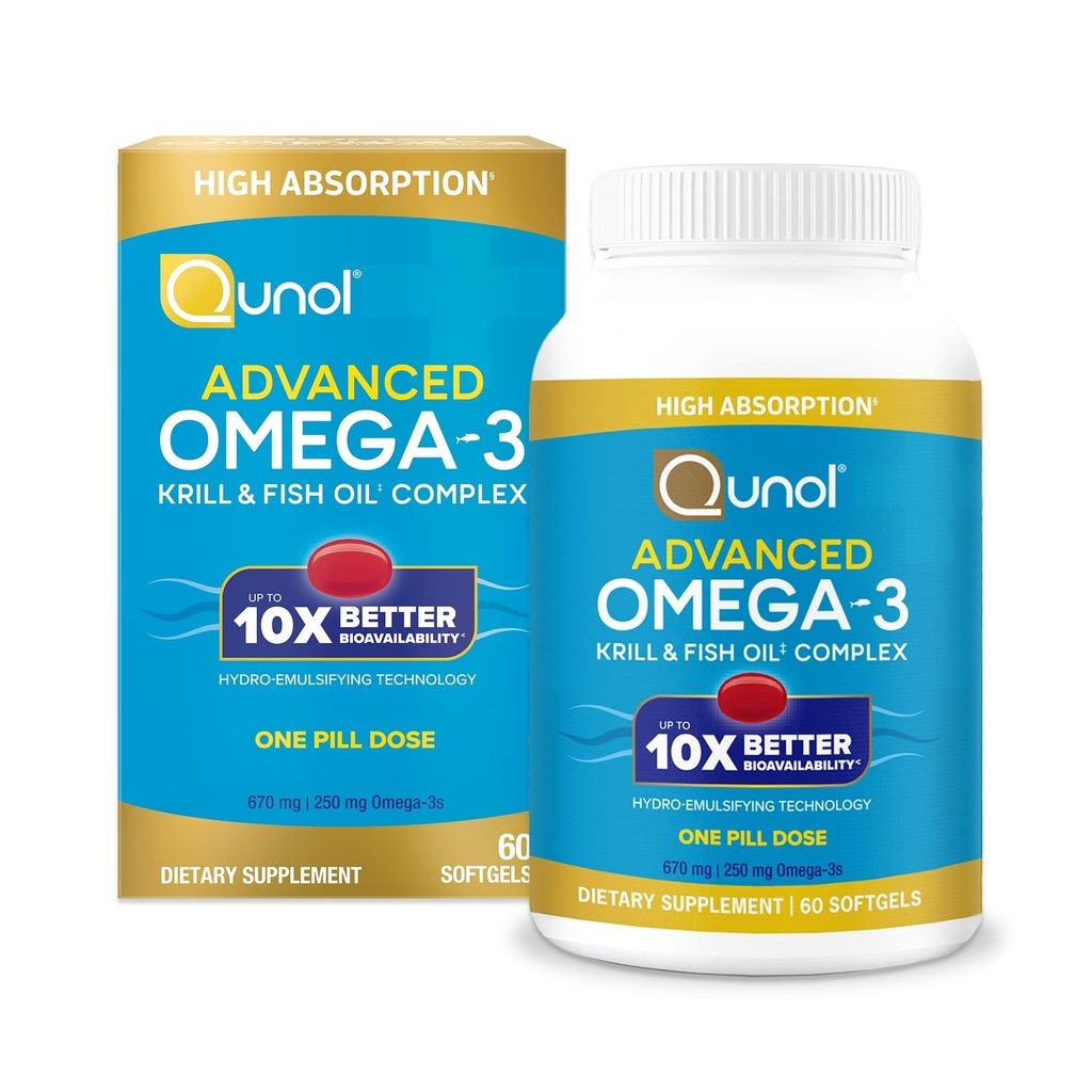 Qunol Advanced Omega 3 Krill og fiskeoljekompleks, 10x bedre biotilgjengelighet, én pilledose, 250 mg EPA & DHA, støtter hjernen, øye, hjerte og felles helse, 60 tall (pakke med 1)