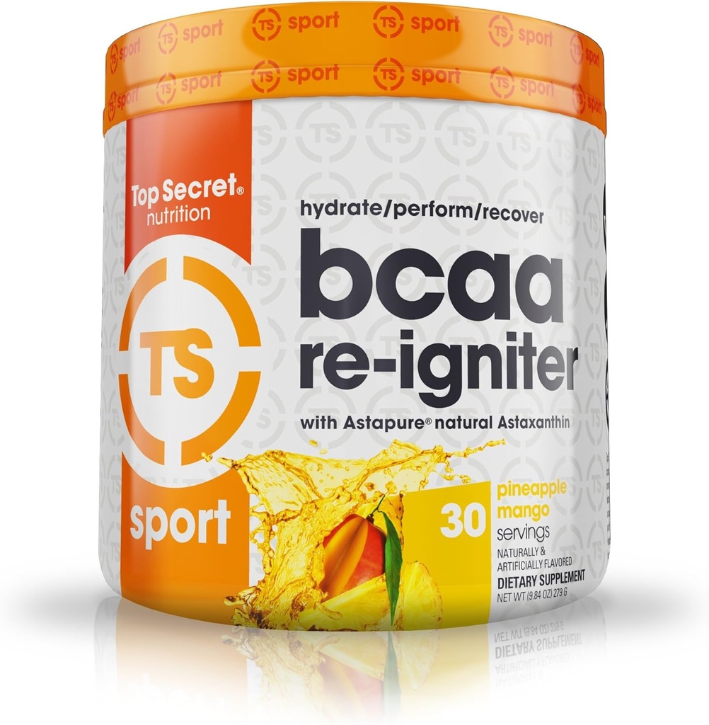 Topp Hemmelig ernæring BCAA Re-Igniter Vegansk Aminosyre Supplement med Astaxanthin og Electrolyte, Hydration Blande med kokosvann, 9,84 oz (30 porsjoner), Pineapple Mango