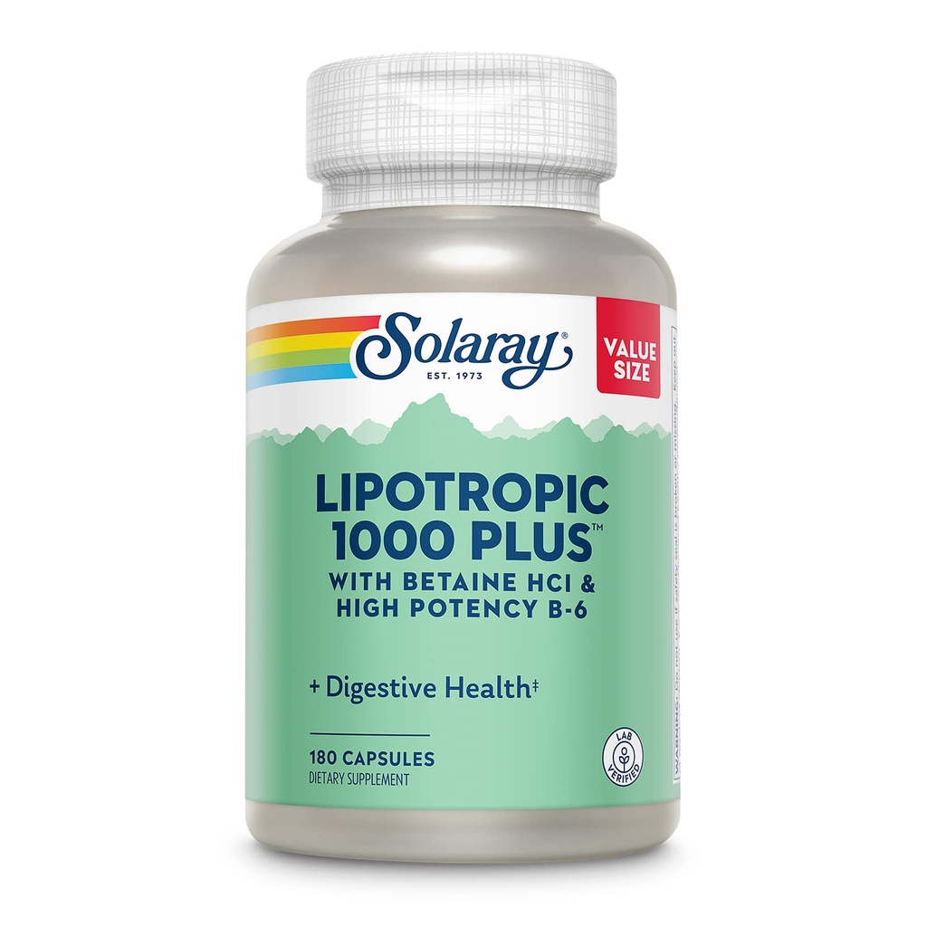 SOLARAY Lipotropic 1000 Plus med Betaine HCl & høy styrke B-6, sunn dialyse, energi, og fettmetabolisme støtte, Lipotropic Complex Plus Aloe Vera, 60 dagers garanti, 30 serveringer, 180 kapsler