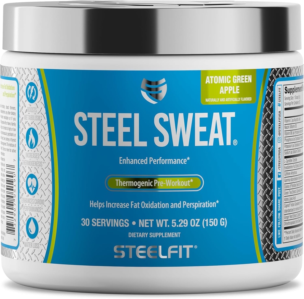 SteelFit Stål Sweat Fat-Burning Pre Workout | Økt metabolisme, Øk energi, Brenn fett og kalorier | Grønn Apple, 30 Serveringer