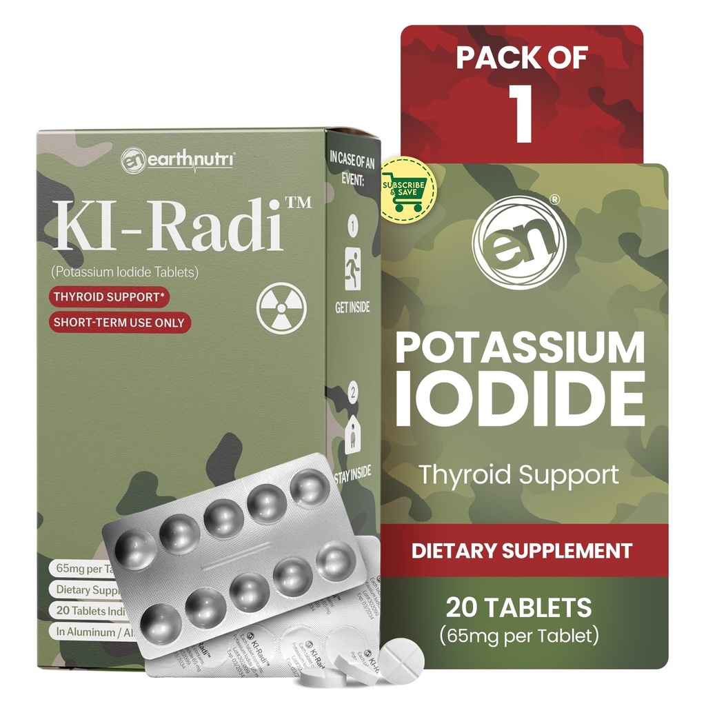EarthNutri KI-RadiTM Kalium jodide tabletter 65 mg – høy potens jodintilskudd til Thyroid støtte, nødforberedthet – Kaliumtilskudd i Foil-Foil Blister segl – 20 tabletter (1 pakke)