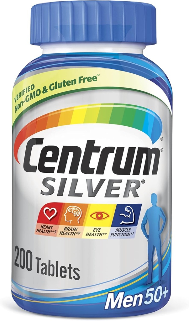 Centrum Silver Multivitamin for menn 50 Plus, Multivitamin/Multimineral Supplement med vitamin D3, B vitaminer og sink, Glutenfri, Ikke-GMO ingredienser - 200 Count