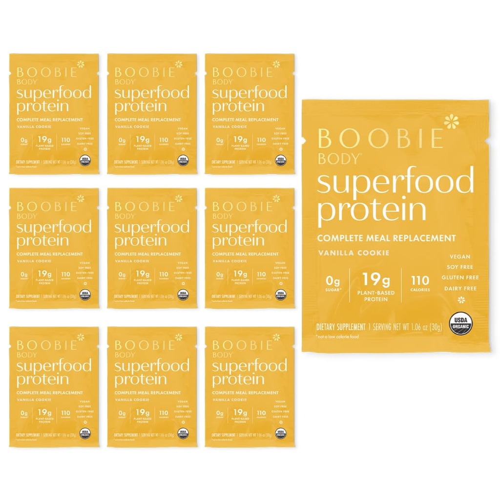 Boobie Body Superfood Protein Shake for mamma, graviditet og laktasjon støtte Protein pulver for å øke Melkforsyning, Probiotika, Organic, Dairy-free, Glutenfri Vegan Vanilla Cookie Single Srv 10pk