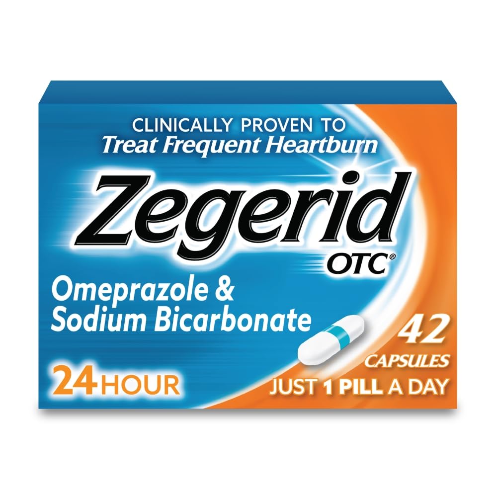 Zegerid OTC, 24-timers Heartburn Relief, Syre Reflux medisin og Antacid, behandler hyppige Heartburn, Omeprazol 20 mg + Natriumbikarbonat, Proton Pump Inhibitor (PPI), 42 kapsler