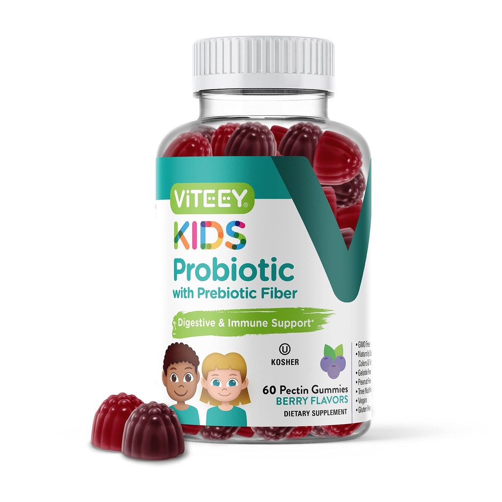 Viteey Probiotic Gummies for Kids Plus Prebiotika Fiber - 2 milliarder CFU - Digestiv helse,Gut helse, lindring relief for barn støtte - Vegan, Gelatin gratis - Chewable Probiotic Berry Flavored