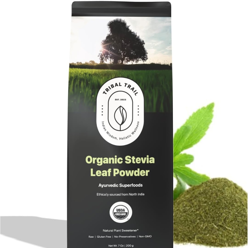 Organic Stevia Powder | 7.05 oz | USDA Organic & Non-GMO | Etisk laget fra Nord-India | Resirkulerbare Kraftposer | Naturlig Stevia | Plante Basert Sukkerfri erstatning