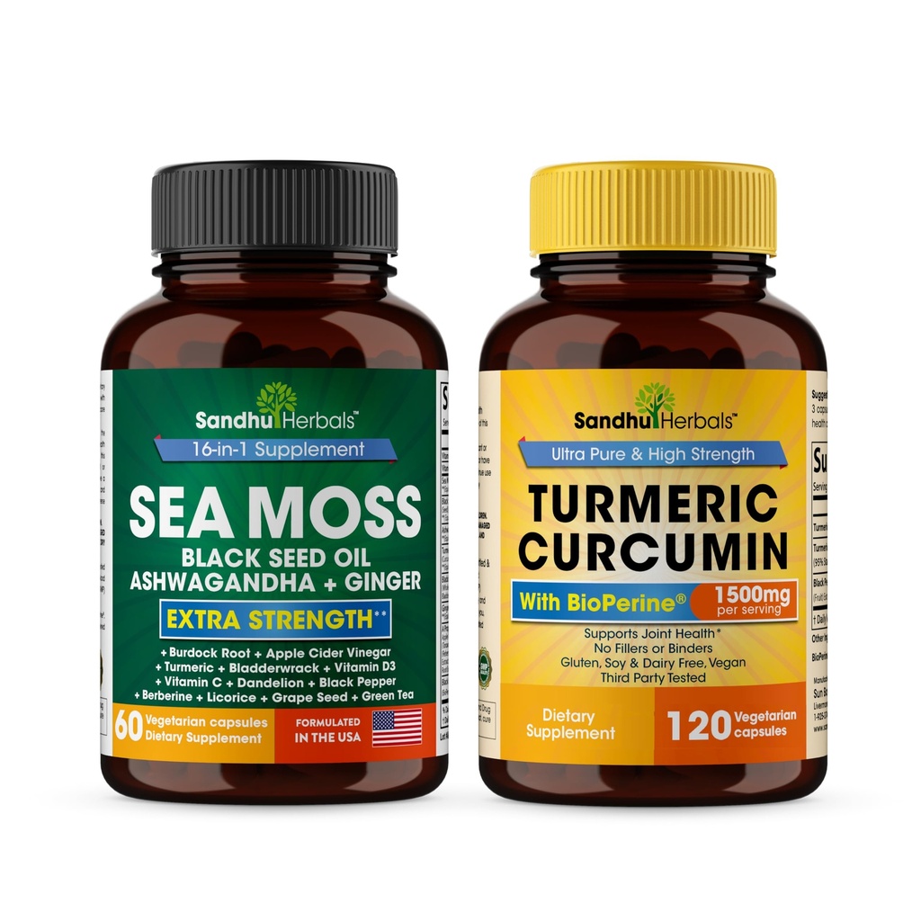 Sandhu Herbals Seamoss & Turmeric Curcumin med Bioperine Capsules | støtter immun, Digestive, Kognitiv, Hud og hår helse