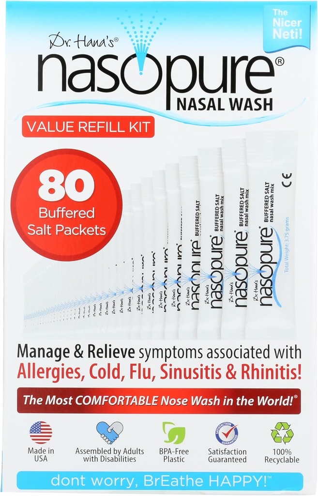 Nasopure Nasal Vaske, Verdipåfyllingssett, \"The Nicer Neti Pot\" Sinus Vaskesett, Komfortabel Nasal rense 80 saltpakker (3,75 gram hver), Nasal Congestion, Cold, Flue, Allergi, Nasal Irrigation System