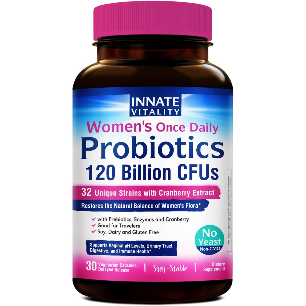 Innfødt vitalitet kvinners probiotika, 120 milliarder CFU, 32 testet strimler, probiotika for kvinner, Yeast Control, Vaginal pH-støtte, Prebiotika, Digestive enzymer, Cranberry, En gang daglig 30 Veggie Kapsler