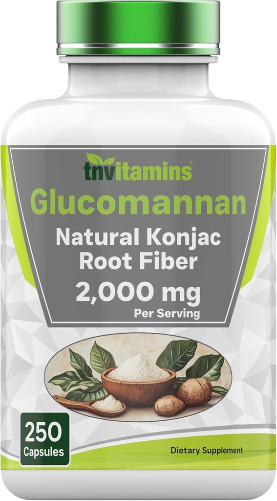 Tnvitaminer Glucomannan Capsules 2000 MG - 250 greve  Natural Naturlig Konjac Root Fiber ekstrakt pulver Supplement | Oppløselig, Dietarisk, & Digestive Fiber piller | Produsert i USA | Ikke-GMO & Glutenfri
