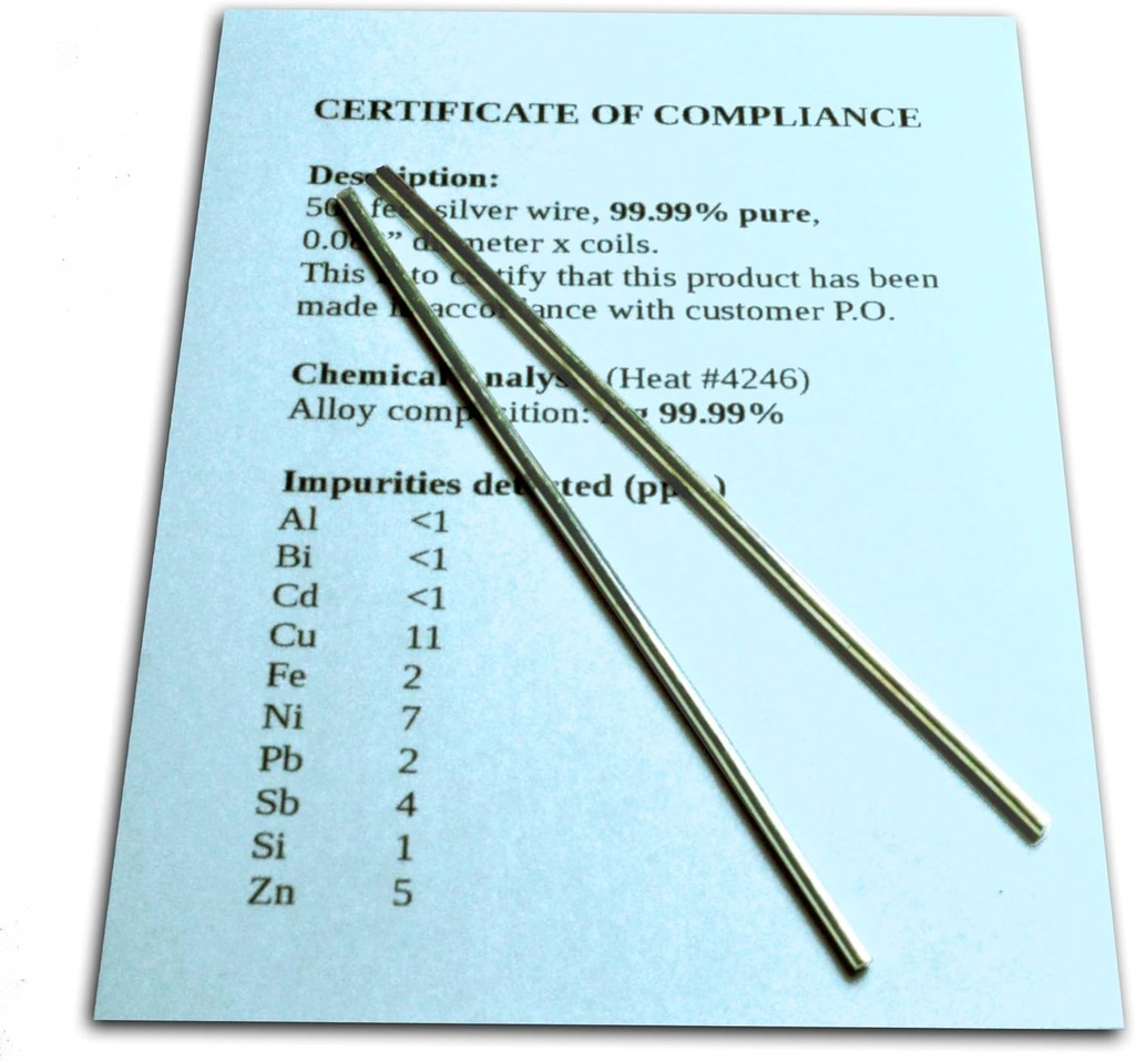 Colloidal Silver Generator Wire Garantert 99.99% ren - sett av (2) 4" Electrode Rods 12-gauge (0,08 in. / 2,06 mm) med sertifikat for overholdelse/fullstendig kjemisk analyse av legering Sammensetning