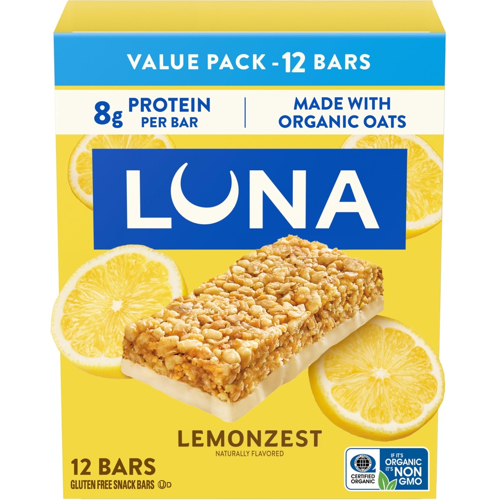 LUNA Bar - LemonZest Flavor - Glutenfri Snack Barer - Ikke-GMO - Protein Barer - laget med organisk havre - verdipakke (12 Pack)