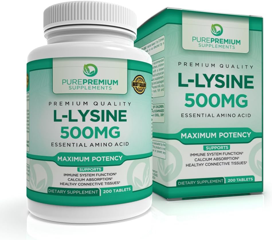 PurePremium L-Lysine 500 mg Supplement - essensiell aminosyre med maksimal styrke - immunstøtte Supplement - ren lysin 500 mg for rask absorpsjon - 7 måneders forsyning - 200 Tabletter