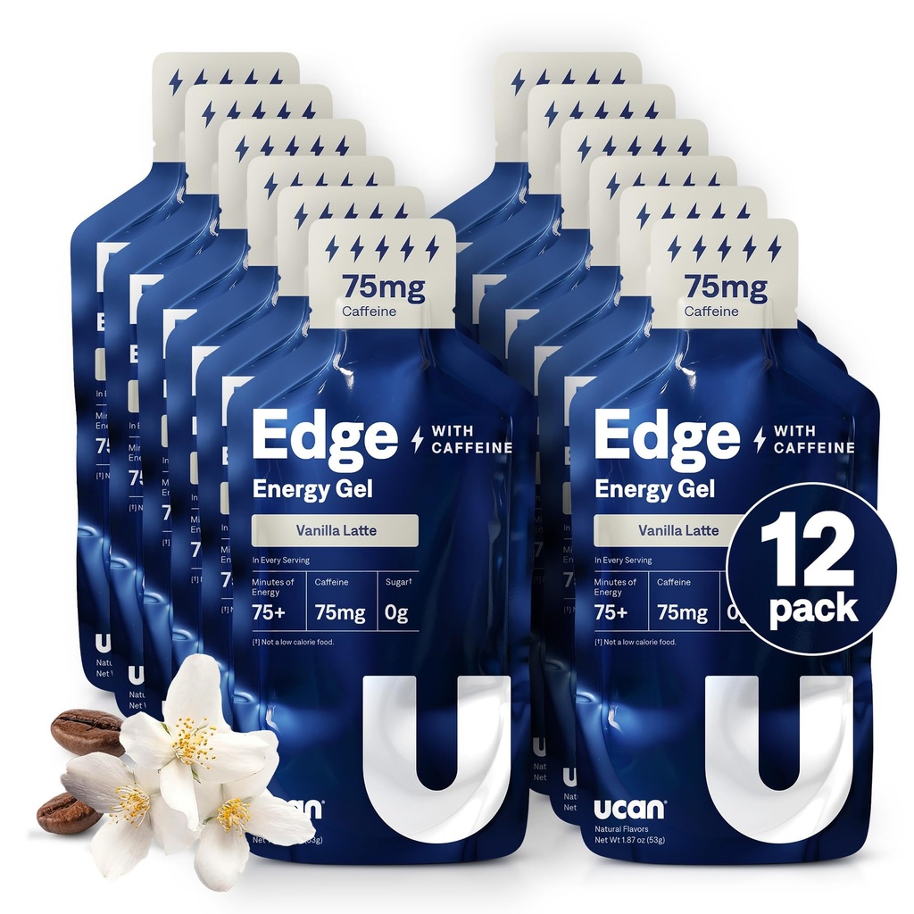 UCAN Edge Energy Gel Shots, Vanilla Latte + Koffein (12, 2 Ounce Packets) for løping, trening, trening, treningsøkter, trening, Sykling, Crossfit | Sugar-free, Vegan, & Keto Vennlig energi