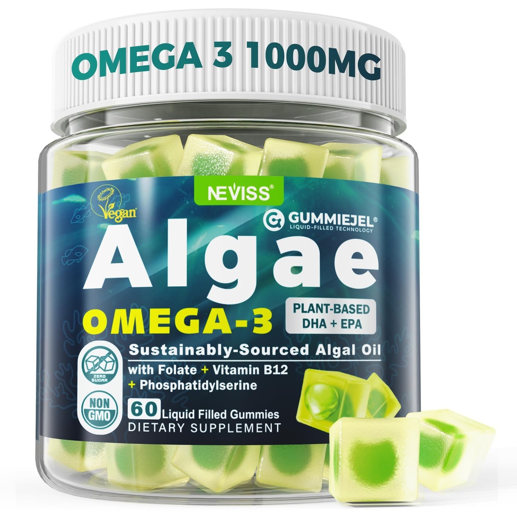 Vegansk Omega-3 Gummier for voksne, Fiskeolje Alternativ fra Algae Olje, Plant Basert DHA 460mg & EPA 230mg Plus MetylFolat, Vitamin B12, Fosfatidyserin, Ingen Fiskig smak, Vegansk, Sukkerfri, 60 Cts