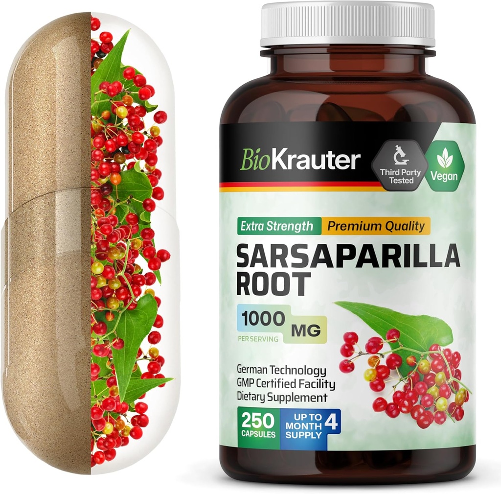 BIO KRAUTER Sarsaparilla Root Capsules - 1000 mg Styrke - 250 Vegan Sarsaparilla Extract Caps - Ingen Fyllere