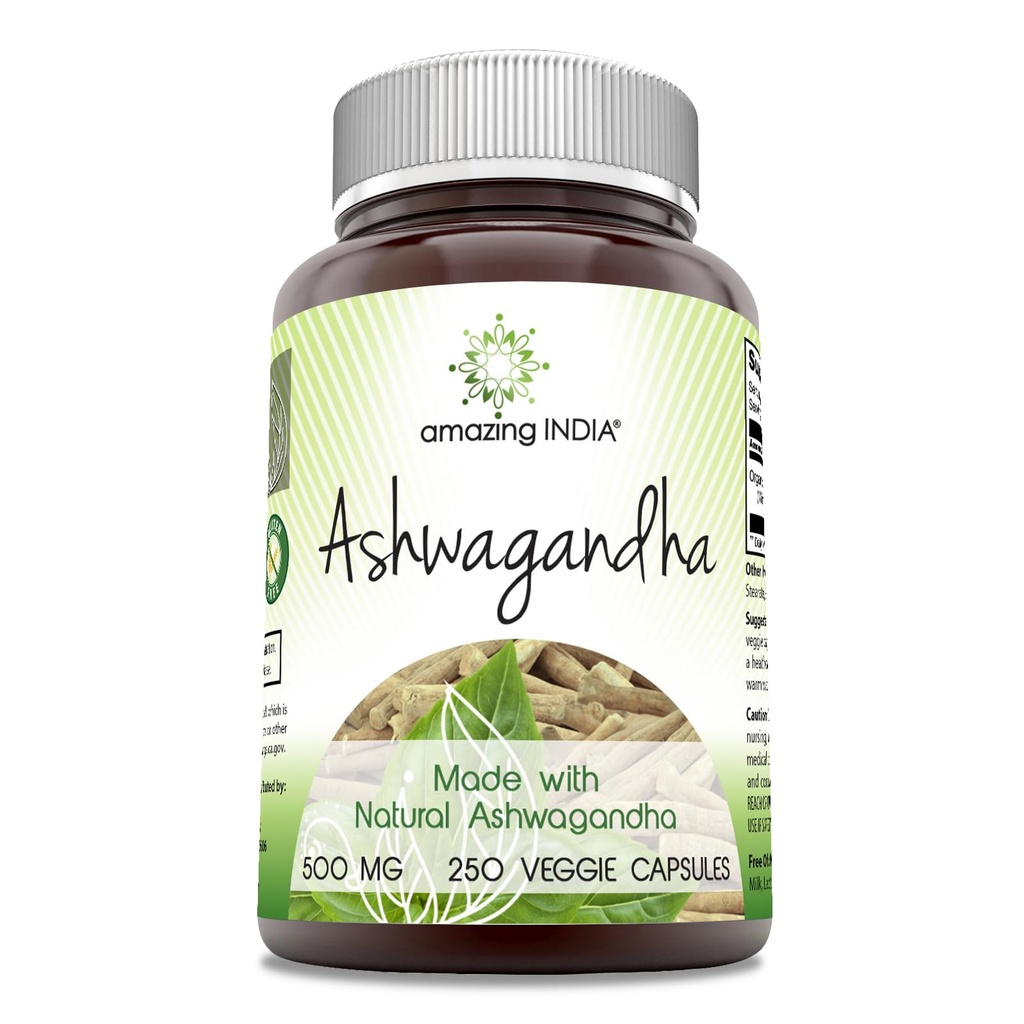 Amazing India Natural Ashwagandha | 500 Mg Per Serving | Veggie kapsler | Ikke-GMO | Glutenfri | laget i USA (250)
