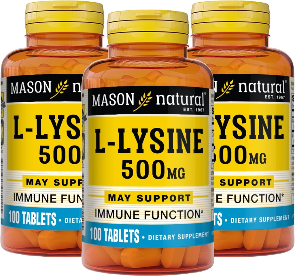 MASON NATURAL L-Lysin 500 mg med kalsium - forbedret immunfunksjon, forbedret næringsstoffer absorpsjon, essensiell aminosyre, 100 tabletter (pakke med 3)