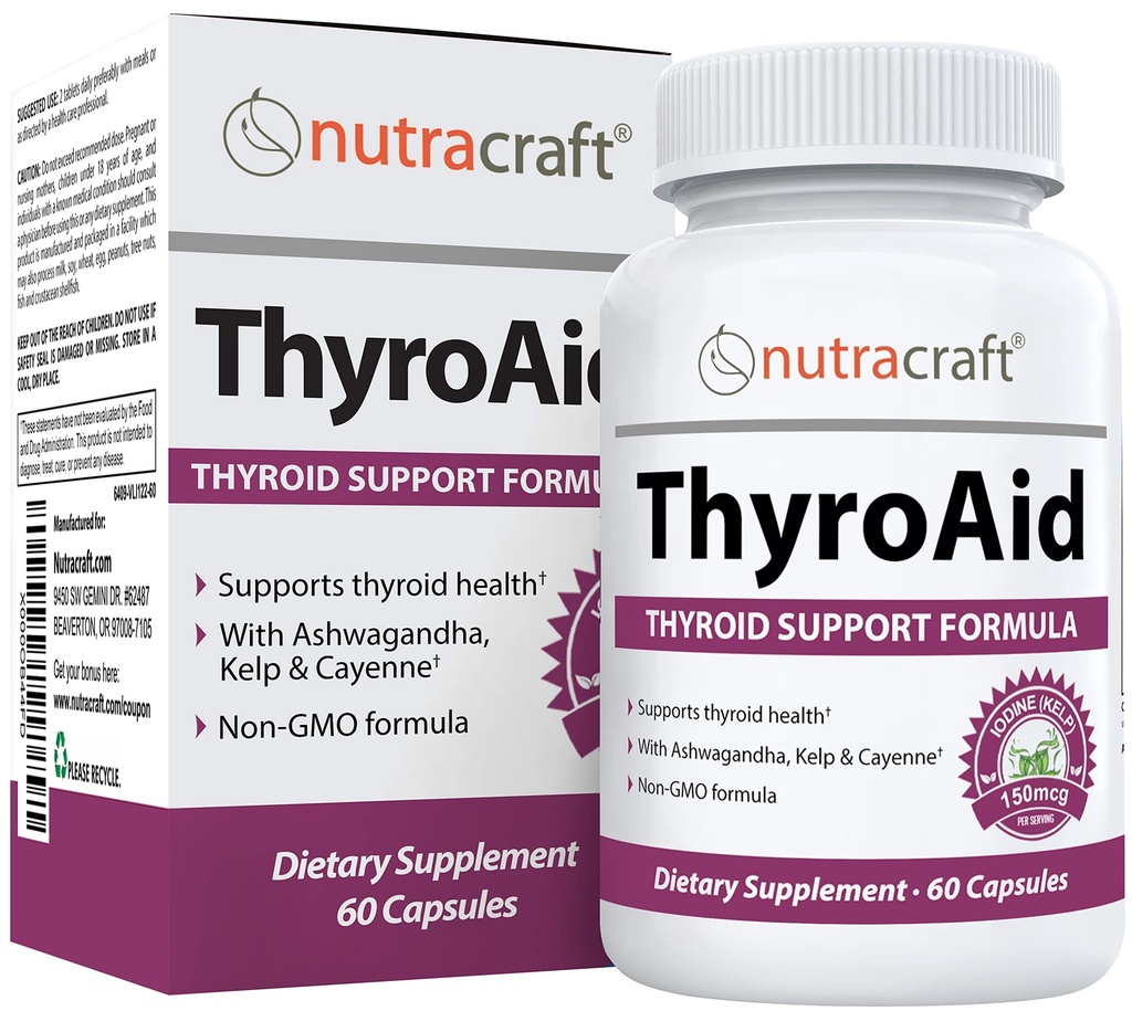 ThyroAid #1 Thyroid støtte Supplement | Naturlig Herbal Thyroid Formula med Iodin (Kelp), Ashwagandha, L-tyrosin & mer | Støtte Thyroid Helse & Energinivå | 60 Kapsler