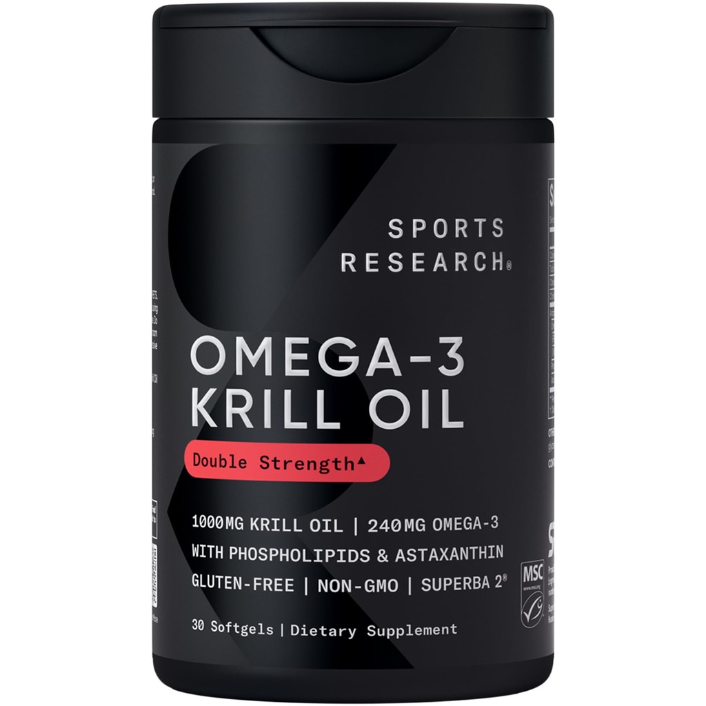 Idrettsforskning Krill Olje Supplement med EPA & DHA Omega 3, Fosfolipider & Astaxanthin fra Antarktis krill - Høyeste konsentrasjon av krillolje for menn og kvinner - 1000mg, 30 Softgel Kapsler