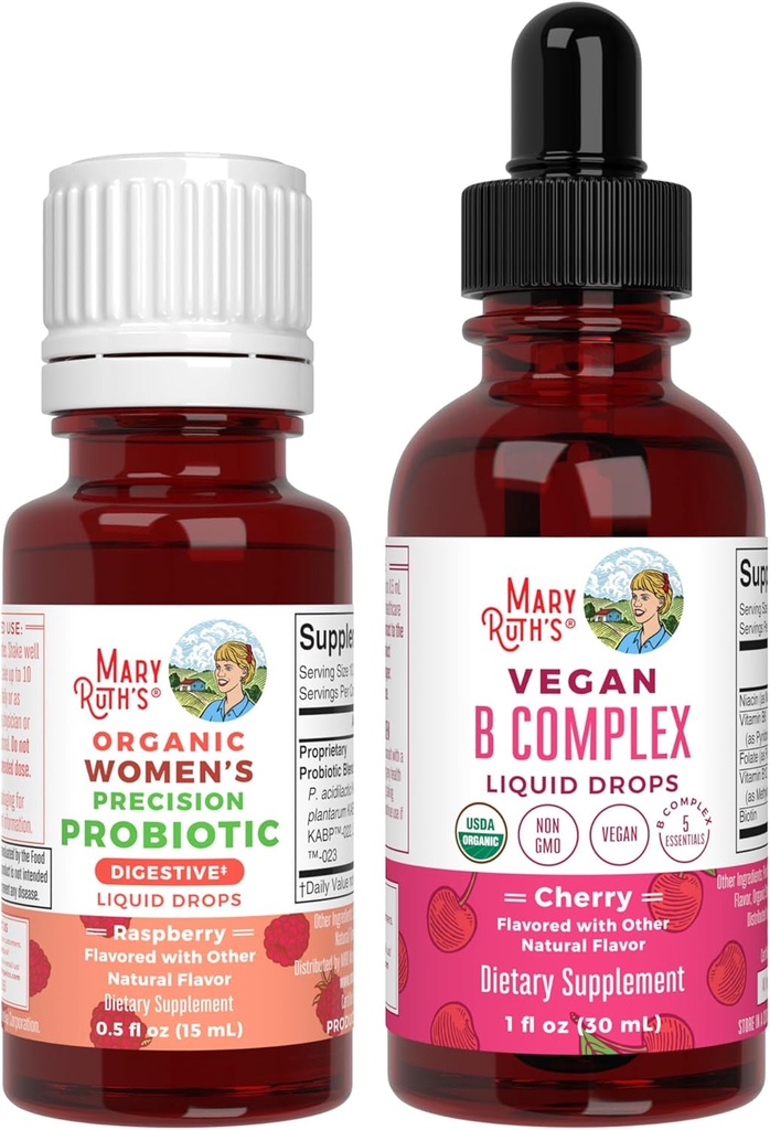 MaryRuth Organics Precision Probiotic for kvinner (Raspberry) & B Complex Drops (Cherry) | USDA Organic, Clean Label Project Verifisert® | Vitaminer for Gut helse og immunitet | Vegan, ikke-GMO, Glutenfri