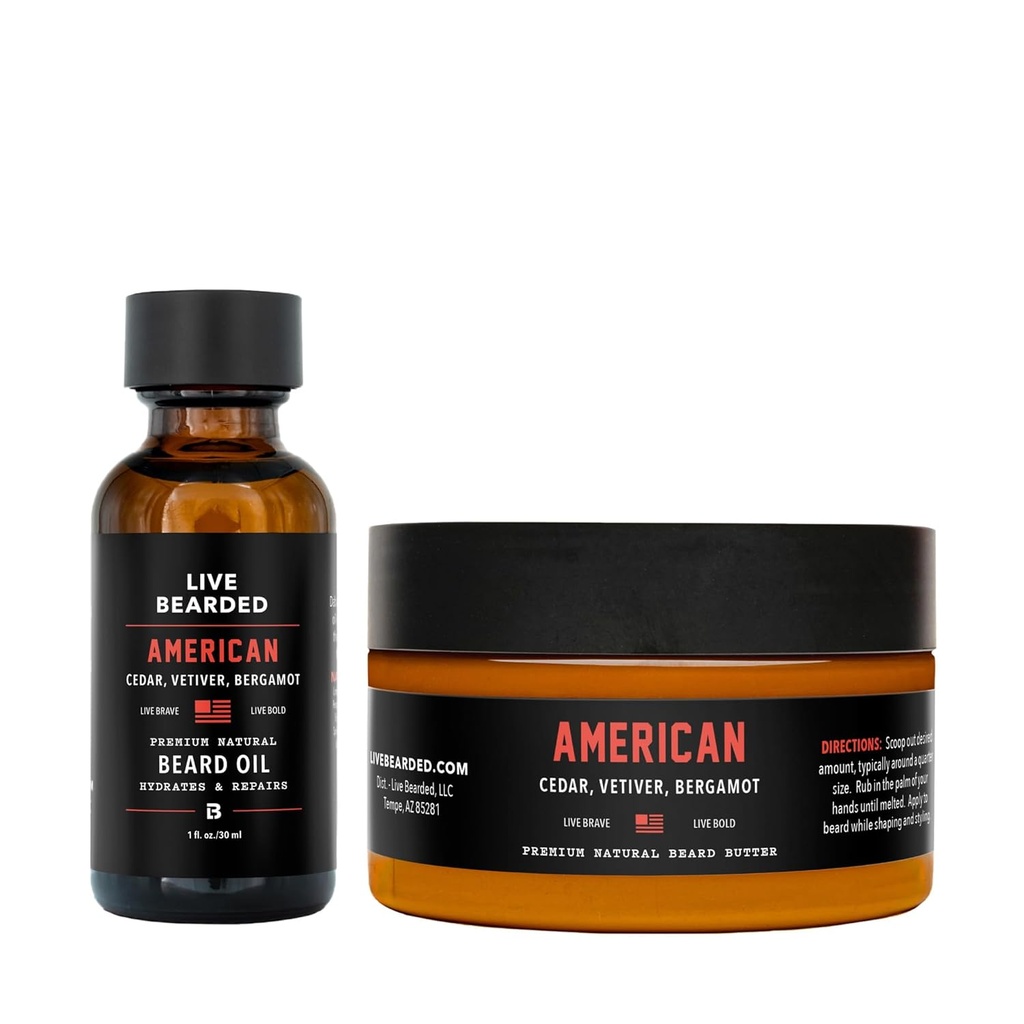 Live Bearded Beard Olje og Smør Grooming Kit - laget i USA - All-Naturlige ingredienser med Shea, Argan, Jojoba - Vekststøtte American Scent - Cedar, Vetiver, Bergamot