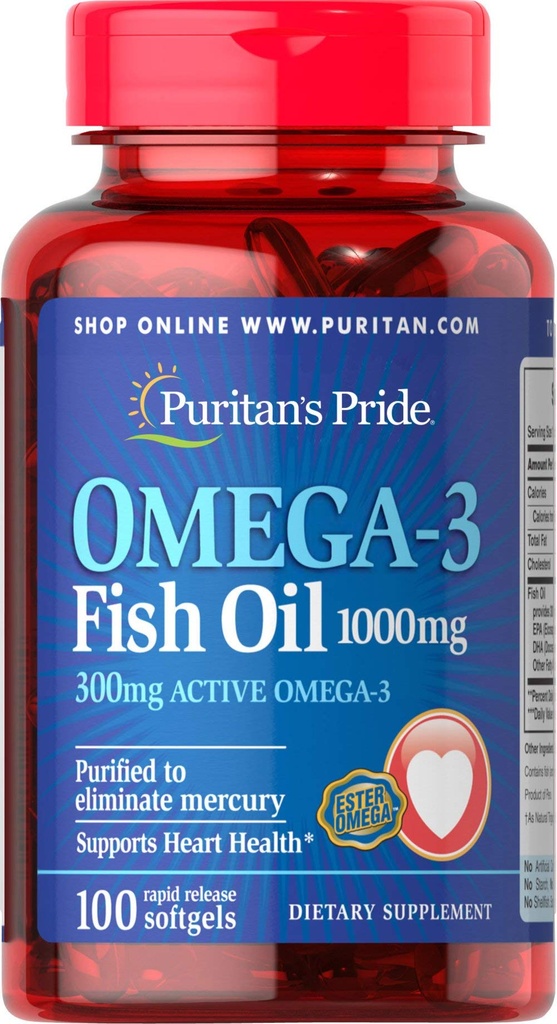 Puritaner Pride Omega-3 fisk olje 1000 mg, 100 greve
