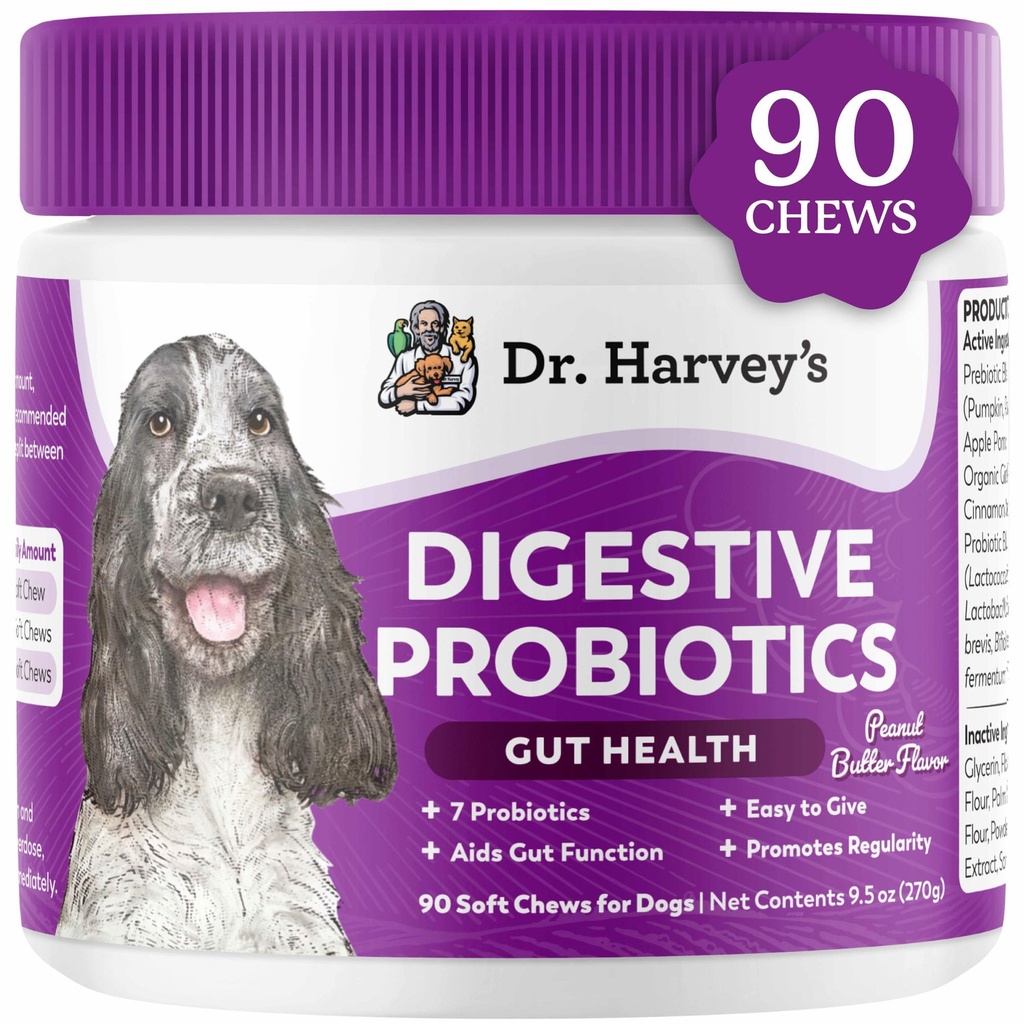 Dr. Harvey's Digestive Probiotic Myk Chews for hunder, 9 Probiotika for Gut Helse, Diarrea og Bowel Support, Peanut Butter Flavor (90 Chews)