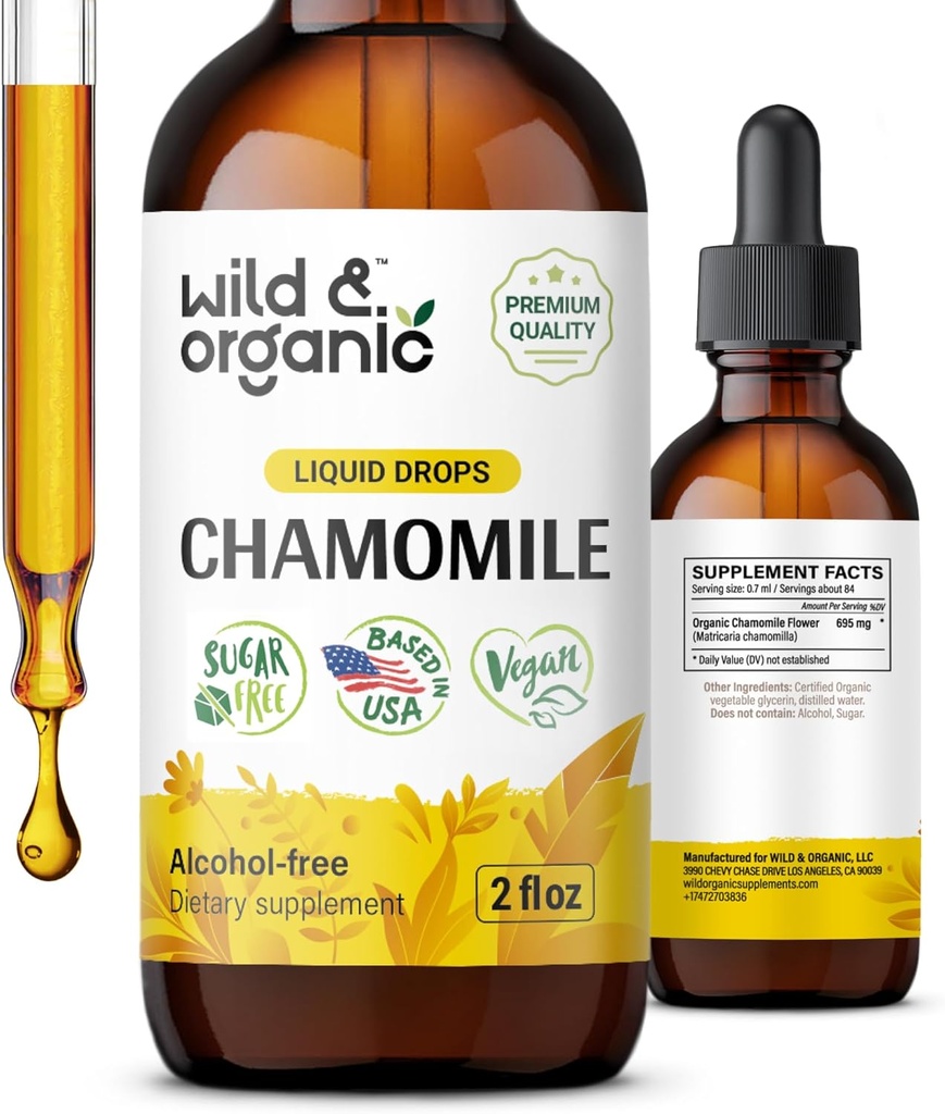 Wild & organisk kamille tinktur - avslappende og beroligende kamille Supplement - flytende blomst ekstrakt drops - Vegan, sukker og alkohol-fri - 2 fl oz